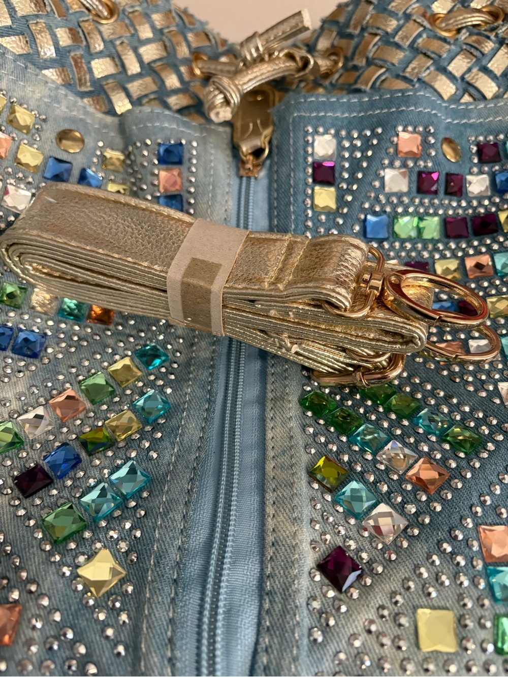 Purse / Backpack Bag Light Blue Denim Gold Rhinestones Pockets Adjustable Straps - Picture 7 of 16